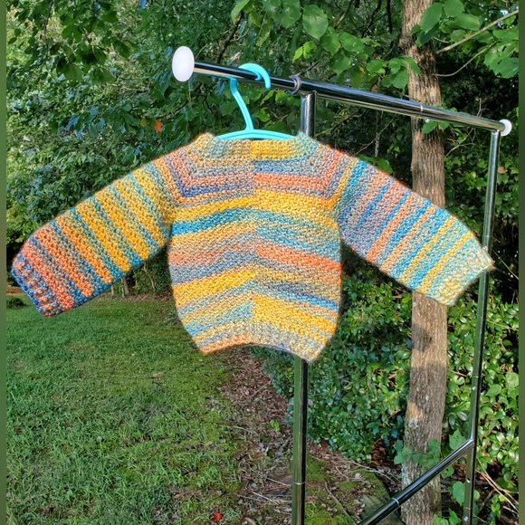 Multicolor Handmade Crochet Baby Sweater w/ Ribbed Collar, Sleeves, & Bottom - Picture 7 of 9